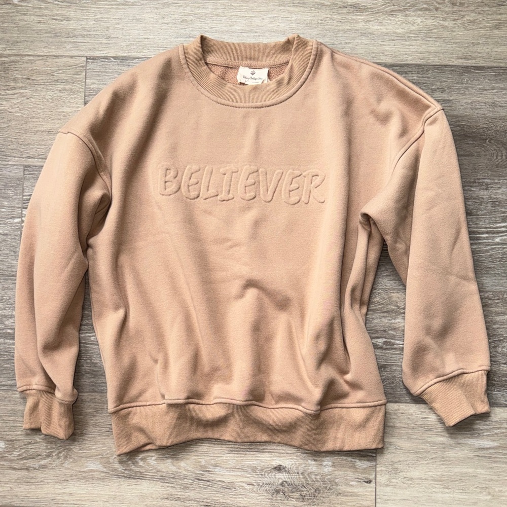 “Believer” Tan Sweatshirt. NWOT
